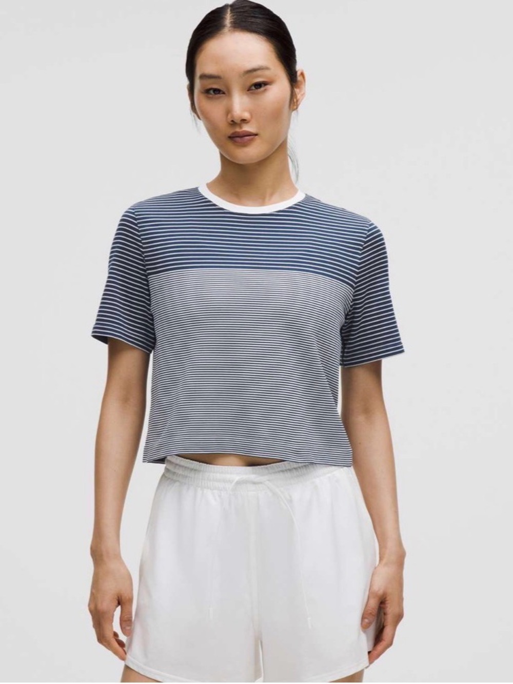 Lululemon Seamless Classic-Fit Mariner Stripe Cropped T-Shirt Club Blue/White